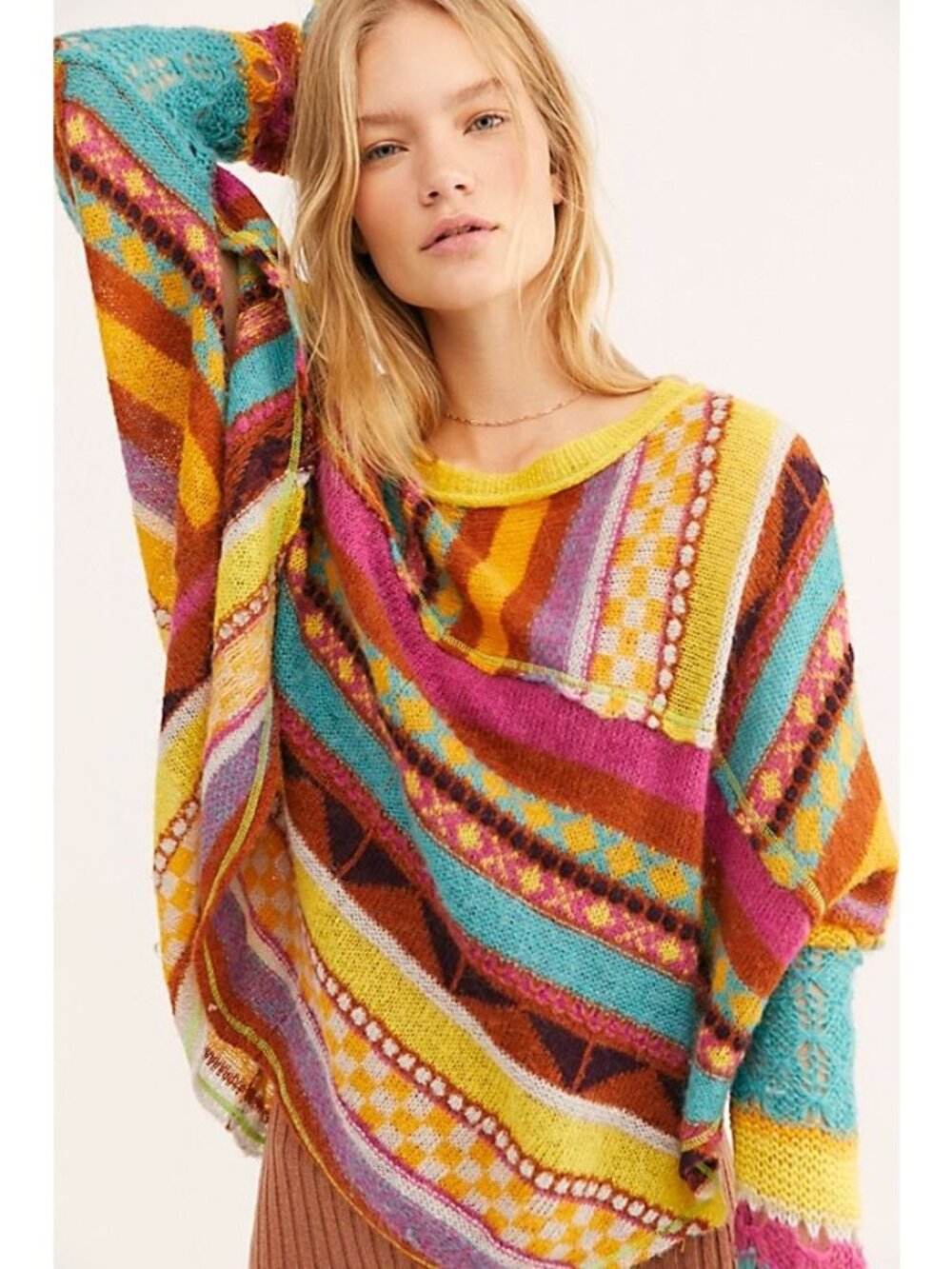 NWT Free People Bright Multicolored Knit Poncho Sweater M| Boho Whimsigoth Indie - Picture 5 of 16